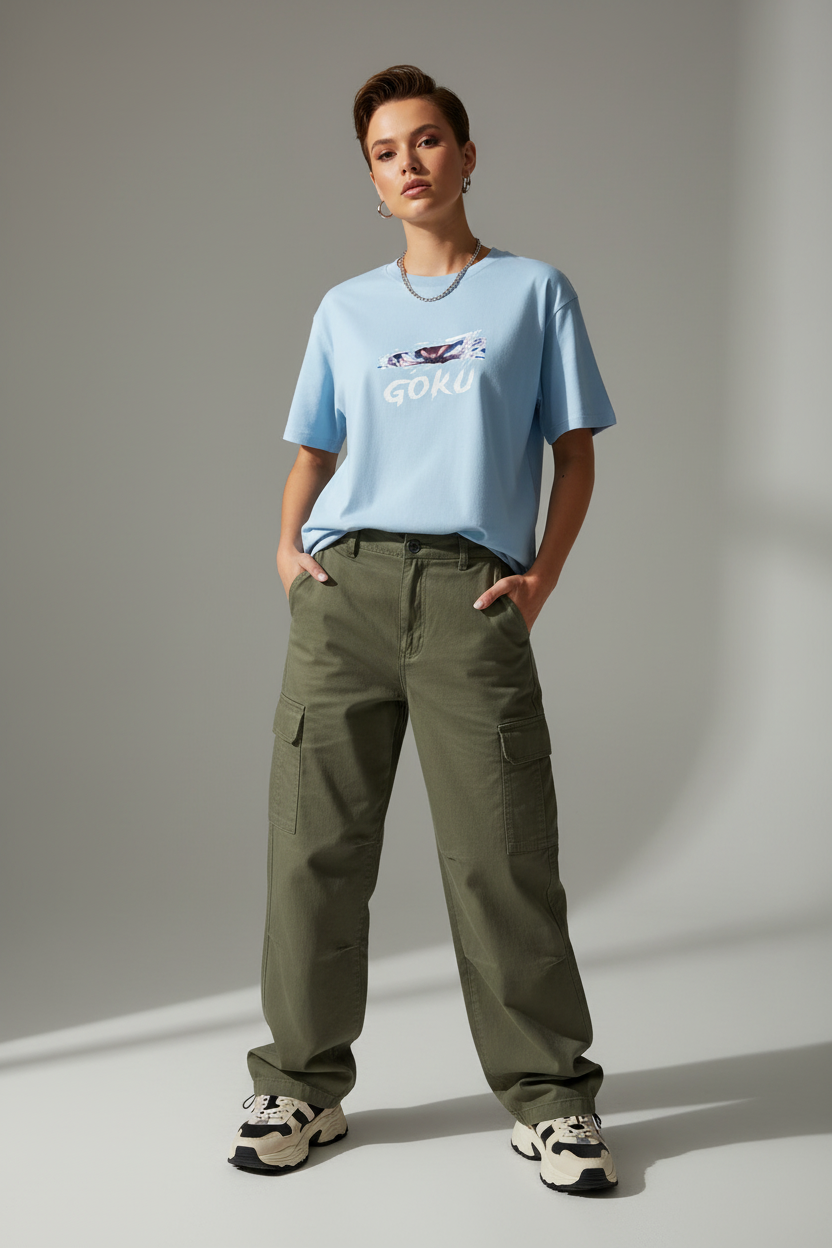 Female model - Baby Blue Goku2 T-shirt