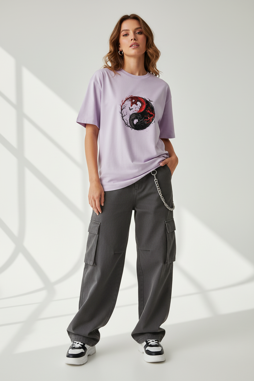 Female model - Lavender Ying Yang2 T-shirt