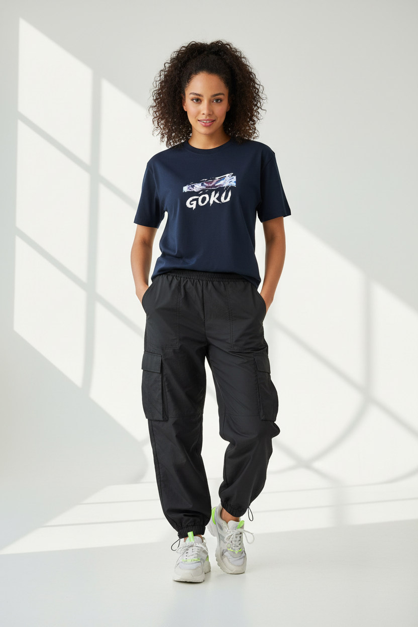 Female model - Navy Blue Goku2 T-shirt