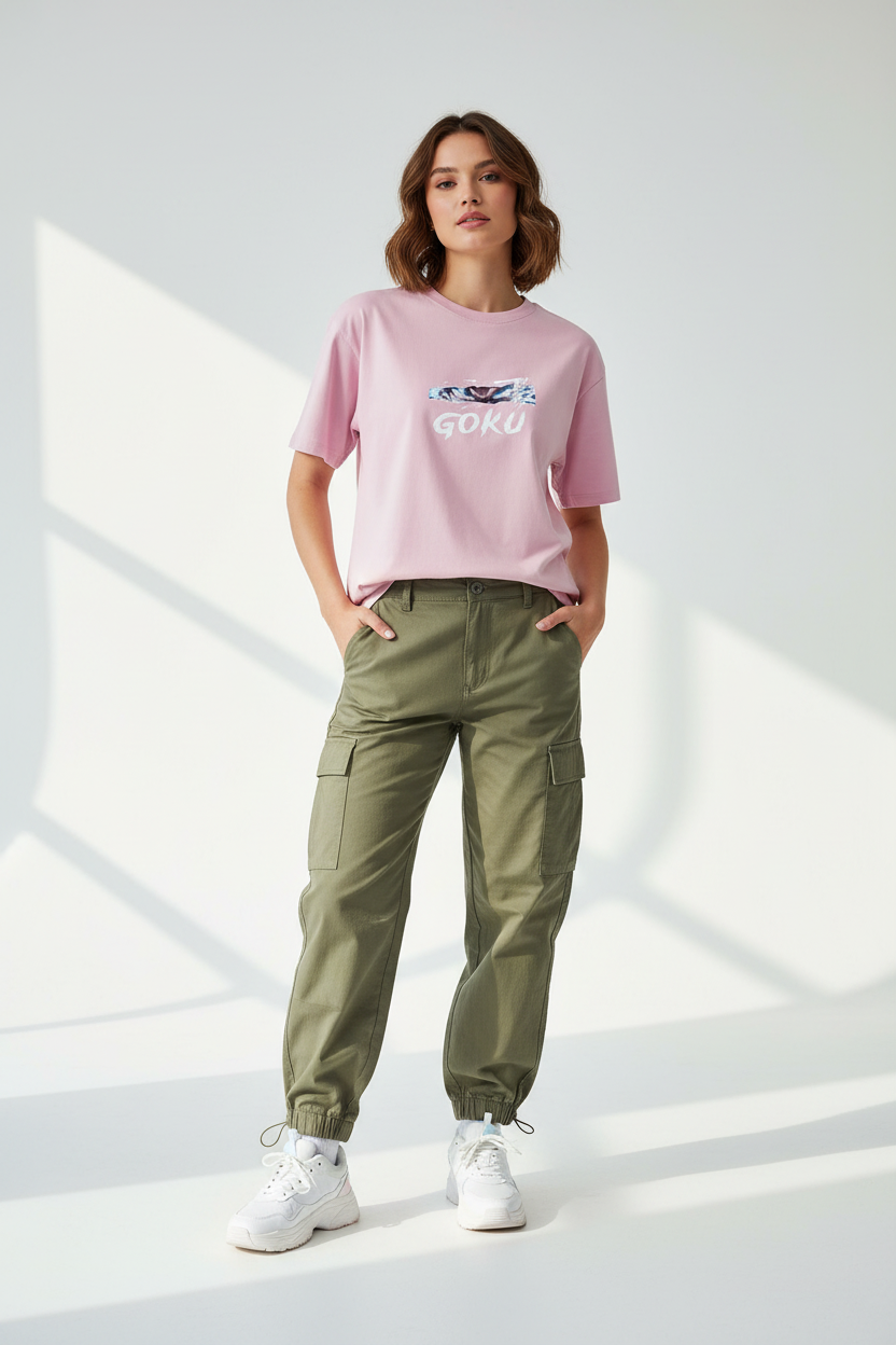 Female model - Pink Goku2 T-shirt