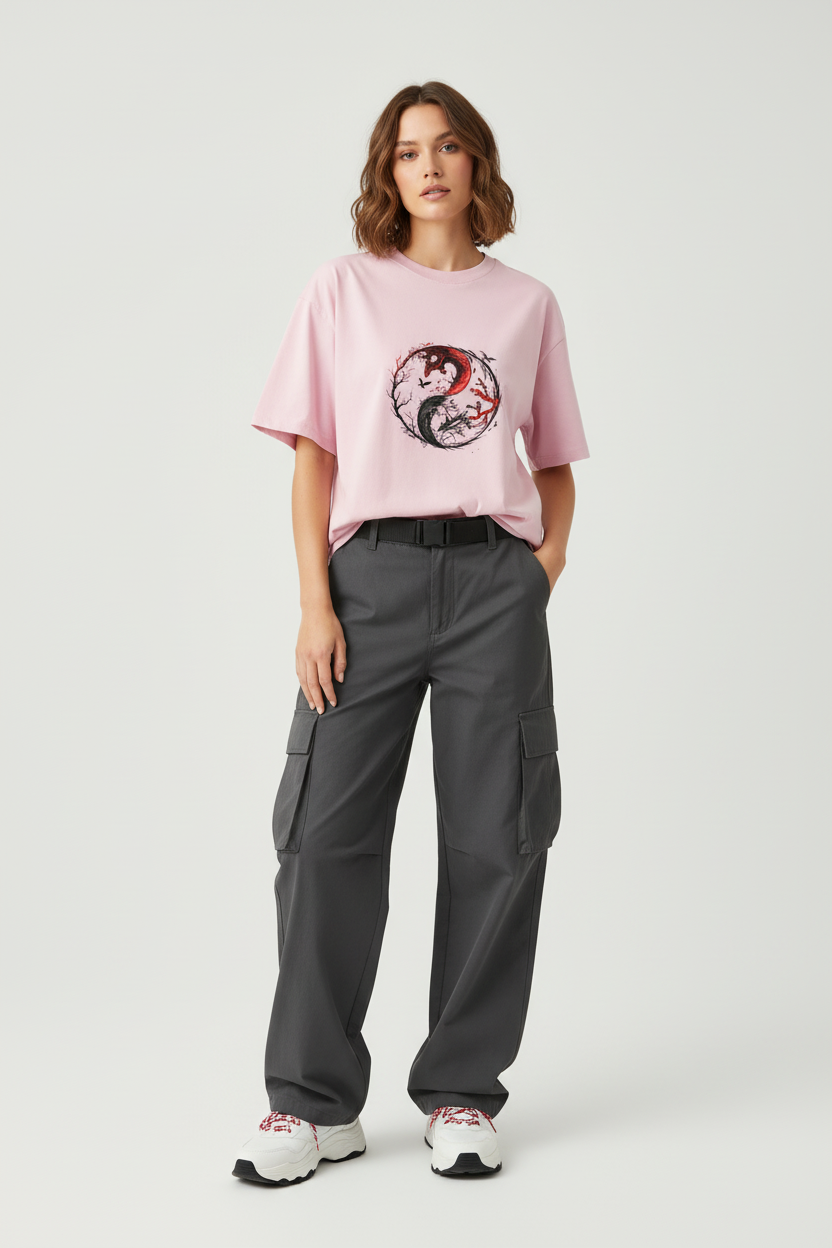 Female model - Pink Ying Yang2 T-shirt