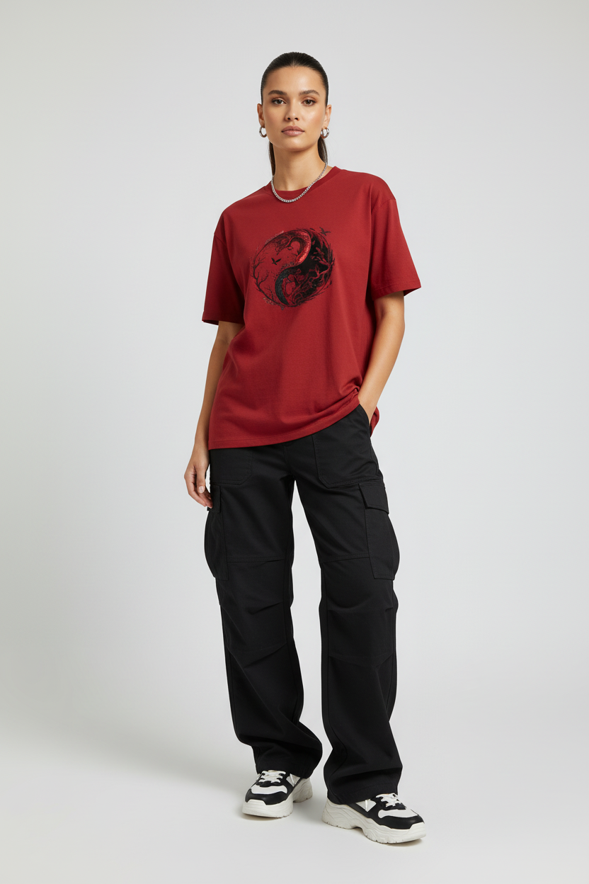 Female model - Red Ying Yang2 T-shirt