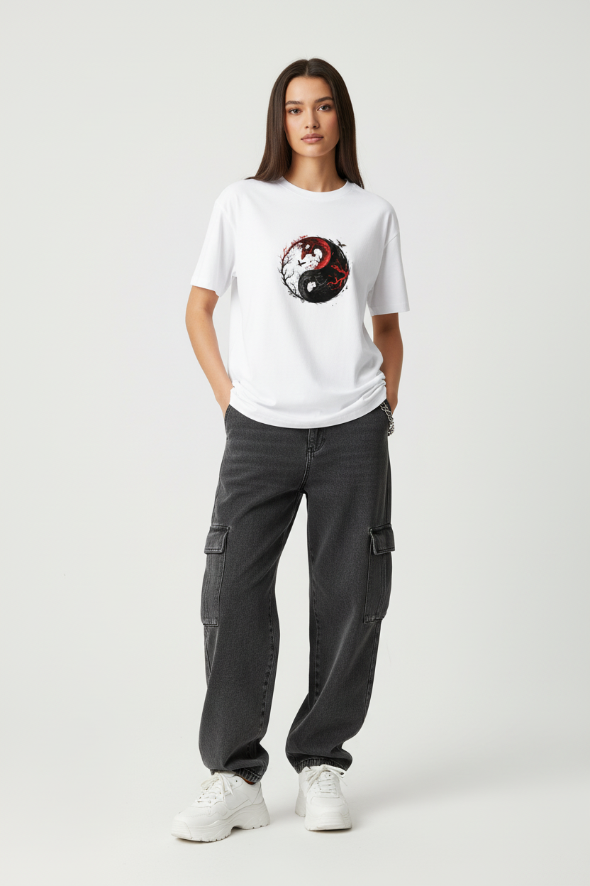 Female model - White Ying Yang2 T-shirt