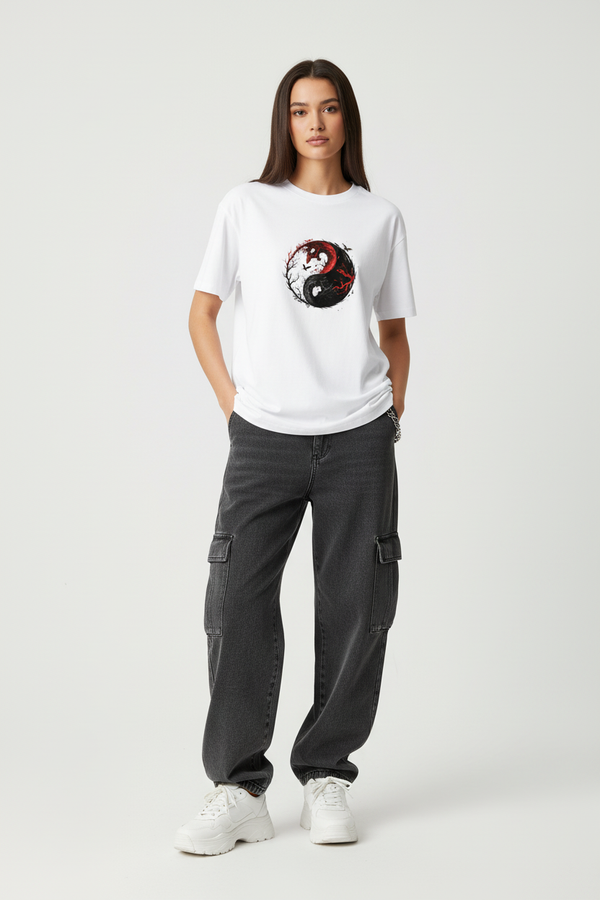 Female model - White Ying Yang2 T-shirt