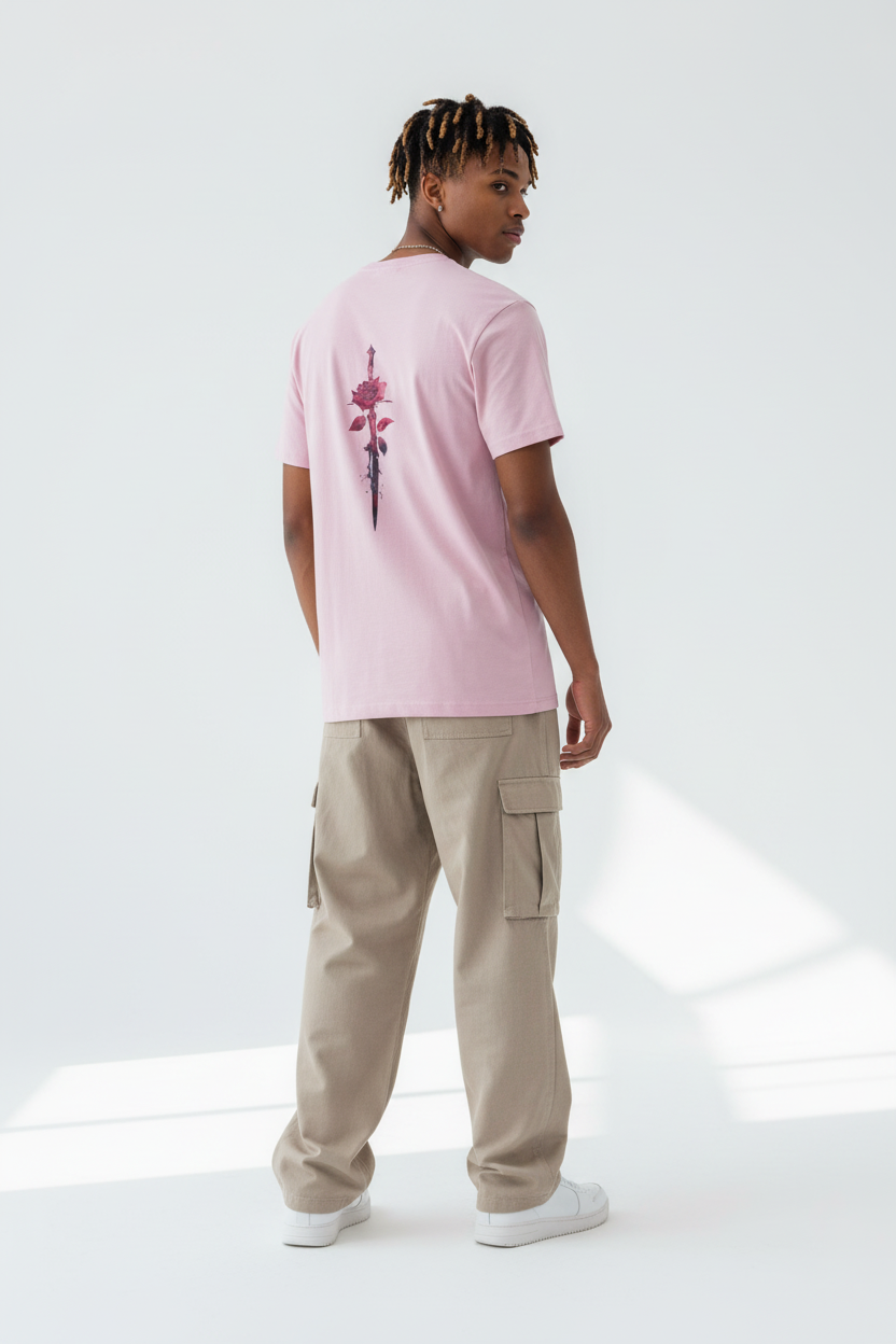 Light Baby Pink male - peaceful over shoulder back view