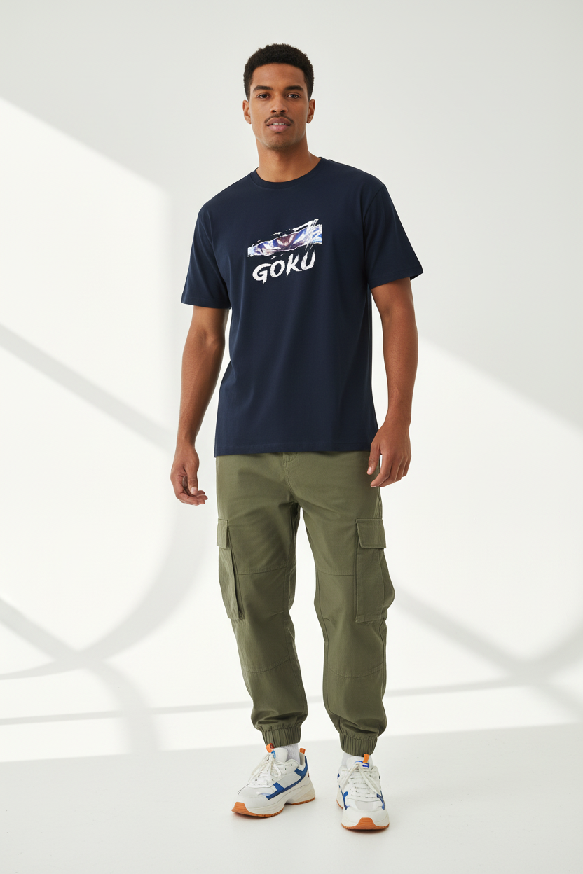Male model - Navy Blue Goku2 T-shirt