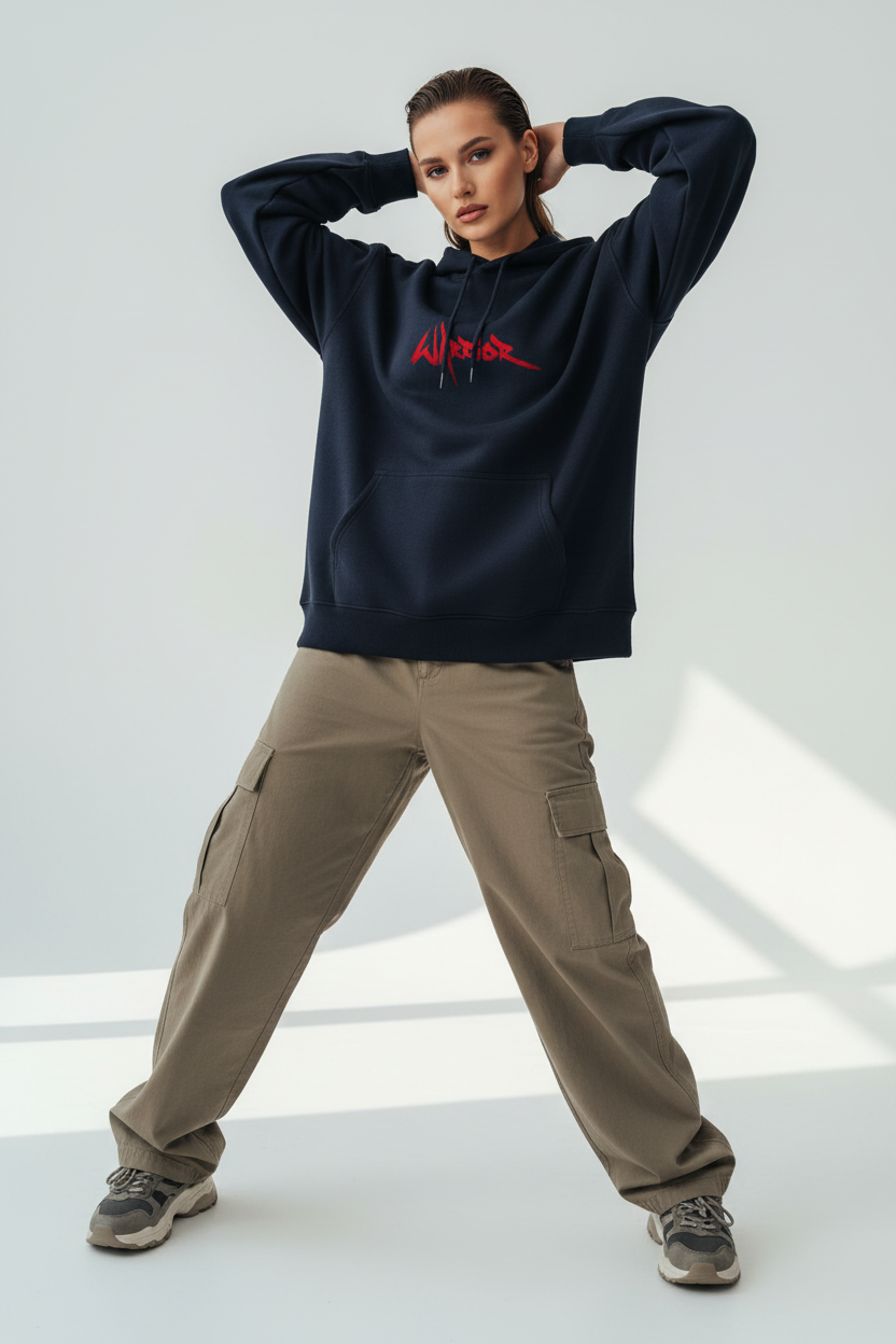 Navy Blue female - hands behind head pose