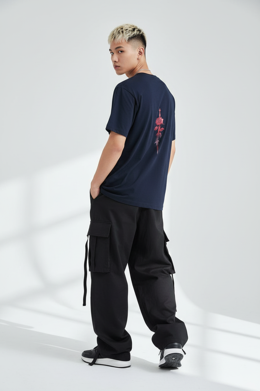 Navy Blue male - calm over shoulder back view