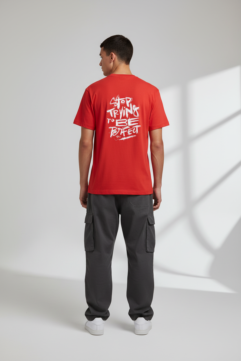 Red male back view showing design