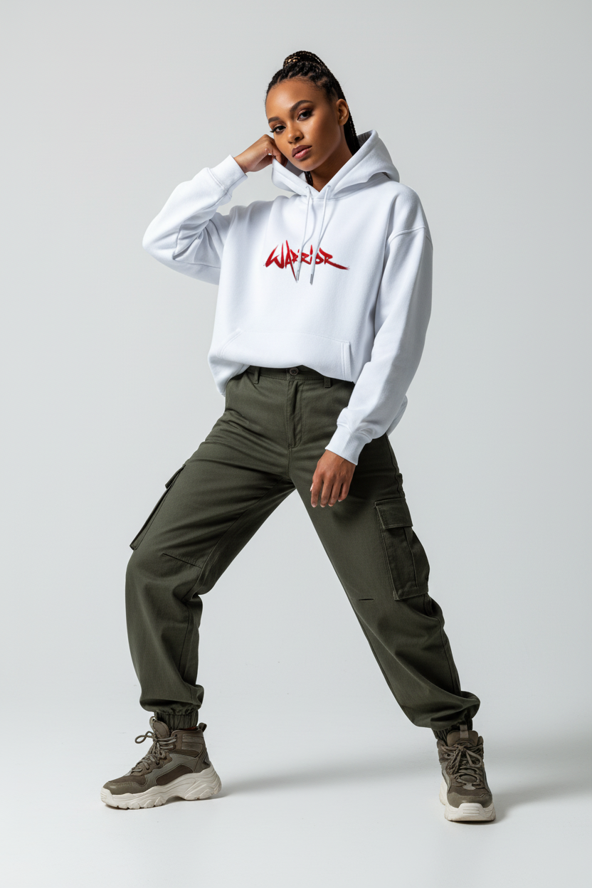 White female - adjusting hood pose