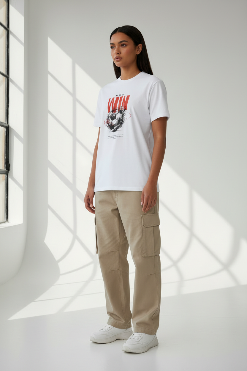 White TEAM WIN - Female Model Front Three-Quarter